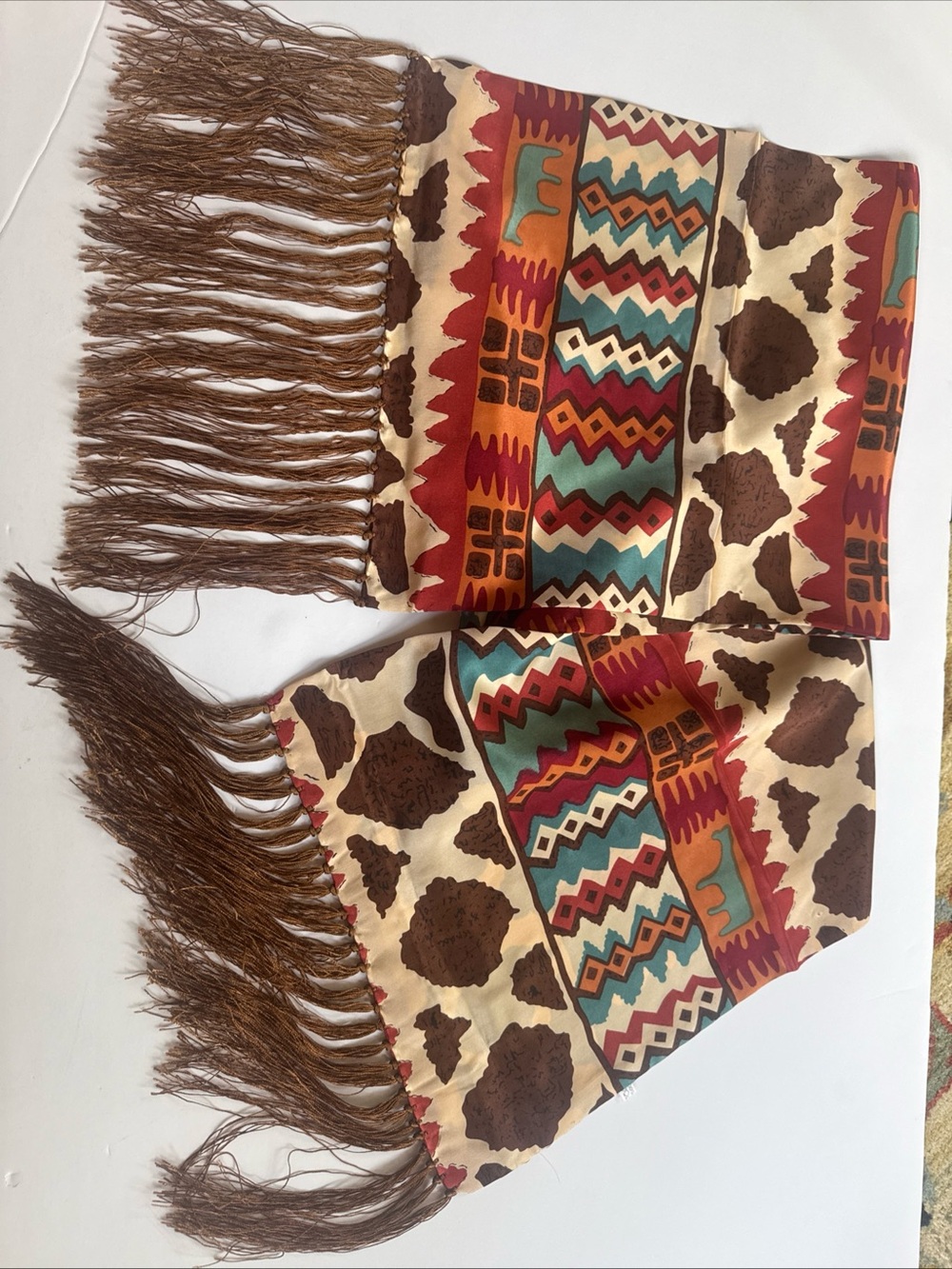 100% Long Silk Scarf Women Vintage Head Wrap Fringe Navajo tribal Double Lined